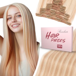 Benehair Clip in Hair Extensions Real Human Hair 16inch Double Weft Light Blonde Mixed Bleach Blonde Hair Extensions Clip in Human Hair Lace Weft Straight Hair Extensions Clip ins 7pcs 110g #18P613