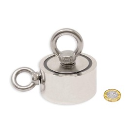 N42 Neodymium Pot Magnet with 1x M10 and 1x M8 Eyebolt and 10m Rope for Magnet Fishing, Recovery and Treasure Hunting - 75mm dia x 25mm - 200kg Pull