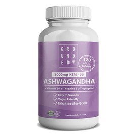 Grounded Ashwagandha KSM-66® High Strength 3,000mg | 4-in-1 Formula with L-Theanine, L-Tryptophan, Vitamin B6 & Black Pepper (120 Micro Tablets / 2 Month Supply) Vegan-Friendly, UK Made