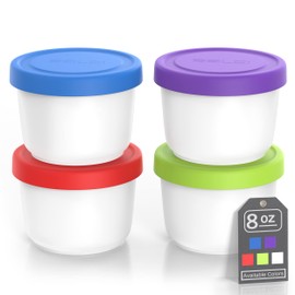 BALCI - 8oz Mini Ice Cream Containers with Silicone Lids (Set of 4) - Freezer Food Storage Containers, Reusable, LeakProof, For Homemade IceCream Containers - Blue, Red, Green, Purple
