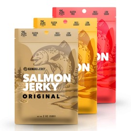 Kaimana Jerky Wild Caught Salmon Jerky - Organic Dried Fish Strips Rich in Omega-3, Protein - Low-Calorie Seafood Snack with No Gluten, Less Sodium & Sugar - Original, Teriyaki, Spicy Flavors - 3-Pack