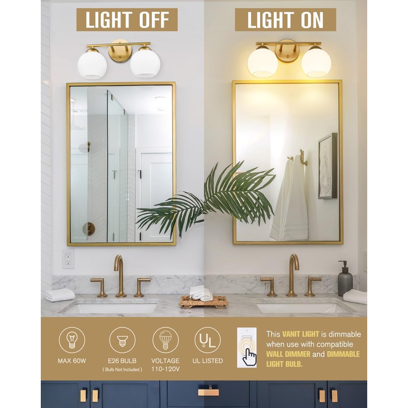 Emak 2-Light Gold Bathroom Light Fixtures, Modern Globe Vanity Lights