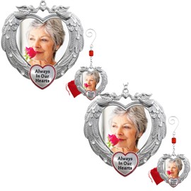 Memorial Christmas Photo Ornament - Always in Our Hearts - Heart-Shaped Angel Wing Design with Clear Gems - Includes a Decorative Hook for Xmas Tree - Gift/Storage Bag Included - Set of 2