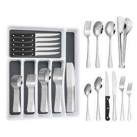 53PCS Silverware Set for 8 with Flatware Drawer Organizer, Stainless Steel Cutlery Set with Steak Knives, Include Spoons and Forks Set & Serving Utensils, Mirror Polished, Silver