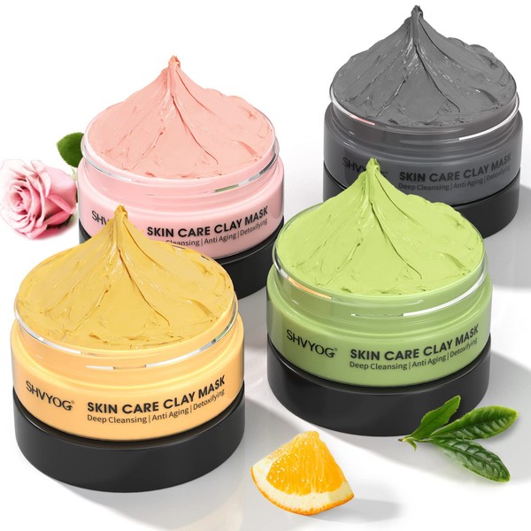 Clay Face Mask Kit, Vitamin C Clay Mask with Turmeric, Dead Sea Mud Mask, Green Tea Mask, Rose Clay Mask, Skin Care Facial Mask for Deep Cleansing, Controlling Oil and Refining Pores (240g in Total)