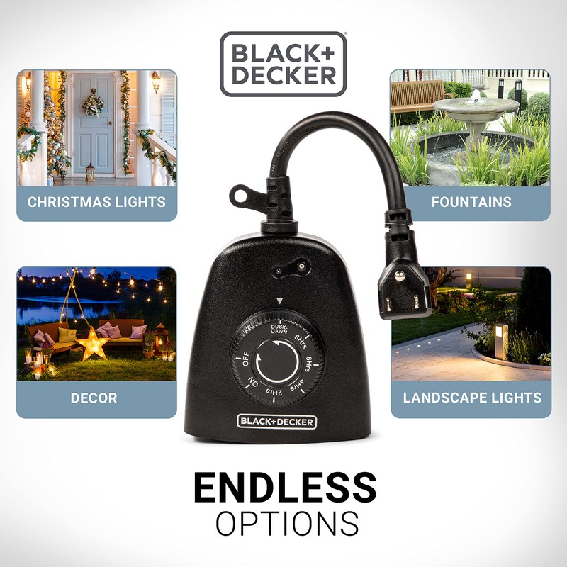 Black+Decker Outdoor 3 Grounded Outlets Timer with Waterproof Outlet and