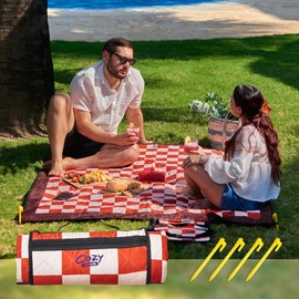 Cozy Club Waterproof Picnic Blanket 70x60 Inches Foldable Outdoor Mat with Pocket, Stakes & Shoulder Strap | Sandproof, Durable & Portable for Beach, Camping, Sporting Events & Travel