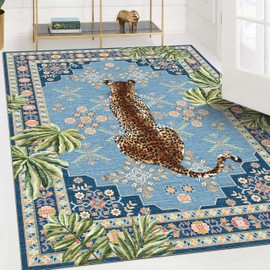WARM HAVEN Eclectic Cheetah Print Rug 6x9: Leopard Area Rug Maximalist Animal Print Leopard for Bedroom Living Room Trendy Fun Area Rugs Artsy Blue
