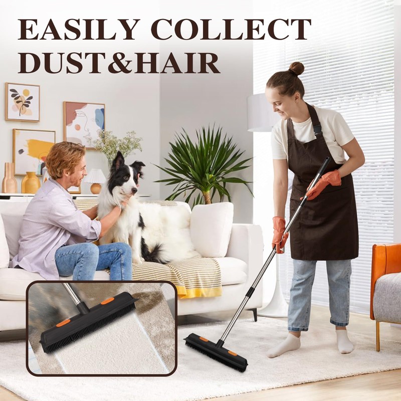 Pet Rubber Broom with 49inch Long Handle, Portable Detailing Lint