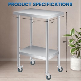 COZONY Stainless Steel Table, 24" x 14" Heavy Duty Worktable with Adjustable Undershelf and Locking Casters, 2 Tier Metal Prep Table for Commercial Kitchen, Restaurant, Garages