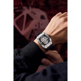 FELITI FORTONS Men Watches Unique Hollow Sport Wrist Watch Waterproof Luminous Chronograph Silicon Band Analog Tonneau Quartz Watch for Men（Black）