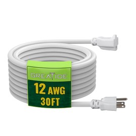 GREATIDE 30 Ft Outdoor Extension Cord - 12/3 SJTW Heavy Duty White Extension Cable with 3 Prong Grounded Plug - Power Cord for Lawn, Garden, Appliances