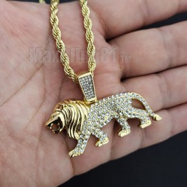 MAXBLING81 Iced Simulated Diamond 14K Gold Plated Lion Head Medal Pendant & 4mm 24" Rope Chain Hip Hop Jewelry Fashion Necklace Gift Set (Lion Necklace only)
