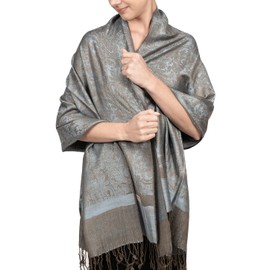 Achillea Two Tone Vintage Jacquard Paisley Pashmina Shawl Wrap Scarf (Powder Blue)
