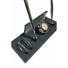 MOOGCO Custom Desk Name Plate: Black Glass Desk Name Plate with Clock, Pen Holder with 2 Pens, Cardholder - Desktop Nameplate, Desk Organizer (Black Glass Clock&Card)