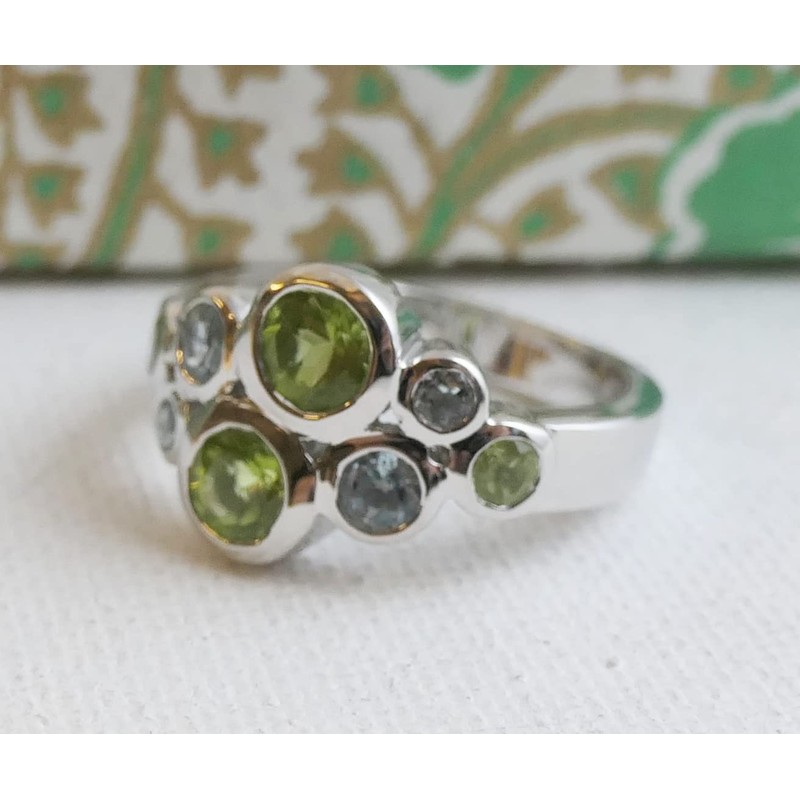 Peridot and Blue Topaz Gemstone Cocktail Sterling Silver Ring US