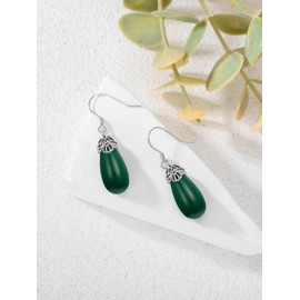 Jade Filigree Teardrop Drop Dangle Earrings for Women 925 Sterling Silver Earrings Western Style Gemstone Dyed Green Jade Elongated Jewelry, Sterling Silver, base