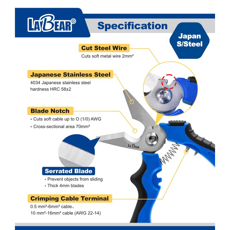 LABEAR- 7" Angled Electricians Shears, Multi-function Wire Cable Cutting Shears