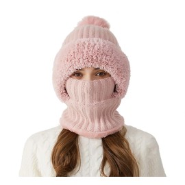 Spevert Womens Pom Beanie Hat Scarf,Cute Winter Ski Hat, Winter Fleece Face Masks Windproof Hooded Scarf Fleece Lined Skull Cap (US, Alpha, One Size, Pink)