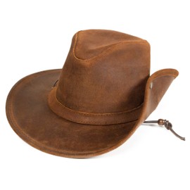 Minnetonka Women’s Aussie Hat - Waterproof Hat Designed with Distressed Ruff Leather, Adjustable Chin Strap, Hidden Steel Wire in The Brim, and Side Snap Medium Brown