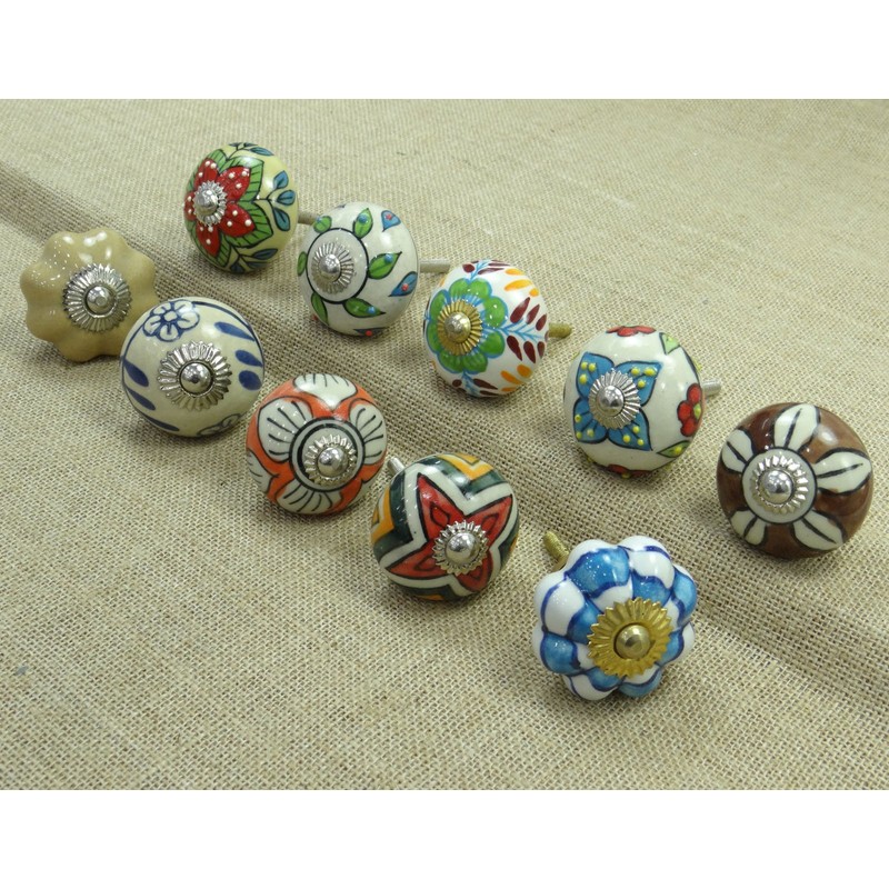 Indian Hand Painted Ceramic Drawer Knobs Lot Of 10 Pcs
