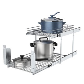 2 Tier Pull Out Cabinet Organizer, 11" W x 21" D Heavy-Duty Metal Sliding Drawer Shelf for Kitchen Cabinets, Chrome, Doesn't Include Door Fittings