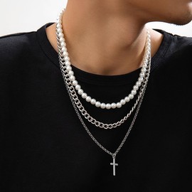 VANGOT 3Pcs Pearl Necklace For Men Layered Cuban Link Cross Necklaces Mens Stainless Steel Chain Faux Pearl Choker Compass Pendant for Men Women Necklace Set Style A