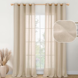 YoungsTex Linen Sheer Curtains 90 Inch Long 2 Panels for Living Room Light Filtering Drapes Textured Lightweight for Bedroom Dining Room Floor Length Grommet, Light Tan, 2 Panels, 52 X 90 Inch