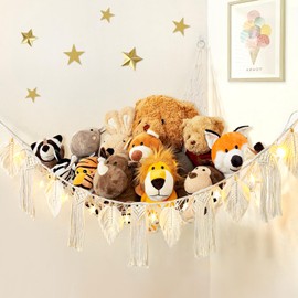 Dremisland Stuffed Animal Toy Net Hammock with Star Light Boho Leaf Macrame Tassel Corner Toy Organizer Bohemian Woven Decor Display Holder for Girls Room Nursery Kids Bedroom Play Room Decor (Beige)