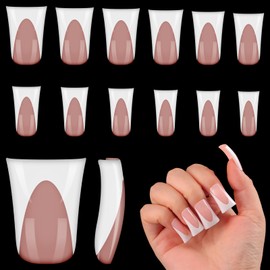 outopen 120pcs Duck Nail Tips Short Caramel Pink French Duck Tips Full Cover Fan Flare Duck Tips for Wide Press on Nail Crystal Duck Feet Nail Tips for Polygel Acrylic Extension, 12 Sizes