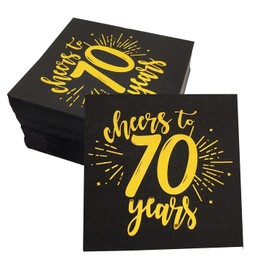 CHANGCAO50Pieces Gold70th Birthday Dinner Celebration Party Decorative Napkin Black70th Birthday Decorative Men's and Women's Party Supplies Cocktail Napkins in a black, Cheers to 70 Years