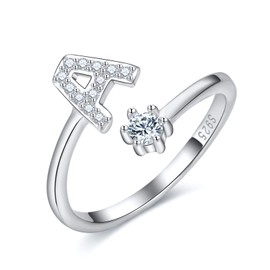 CRYSLOVE Women’s / Girls’ Letter Ring - 925 Sterling Silver - Open & Adjustable Initial Ring - A-Z Alphabet Rings with Gift Box, Silver, a