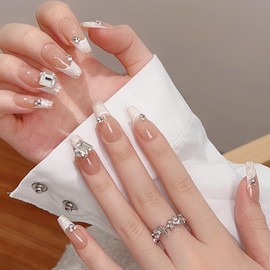Pure Handmade Nails Press on Nail Reusable Fake Nails White Rhinestones Bling Bling Medium Stick on Nails French Tip False Nails 10pcs (L, Q296)