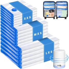 Eunhdet 15 Pack Travel Vacuum Storage Bags with Cordless Electric Pump, Combo Rechargeable Space Saver Vacuum Seal Bags for Clothing Travel Vaccine Sealed Storage Bag for Comforters Blankets Clothes