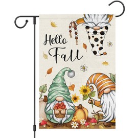 Hello Fall Gnomes Garden Flag Autumn Pumpkin Garden Flag 12x18 Double Sided Vertical Burlap, Floral Sunflower Yard Flag for Seasonal Yard Thanksgiving Farmhouse Decoration(ONLY FLAG)