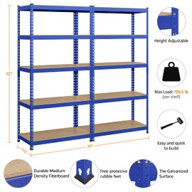 Topeakmart 2PCS 5-Tier Utility Shelves, Metal Storage Shelves Garage Shelving Unit Adjustable Garage Storage Shelves Storage Racks Heavy Duty Shed Shelving- Blue, 35.5 x 17.5 x 72 Inch