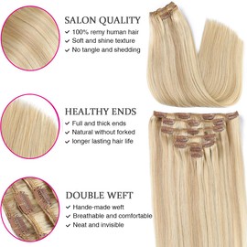 ORIGEN Clip in Hair Extensions Real Human Hair Clips ins Remy Hair Extensions for Women Full Head Dark Blonde Highlighted Bleach Blonde 120g 7 Pcs 18 Inches