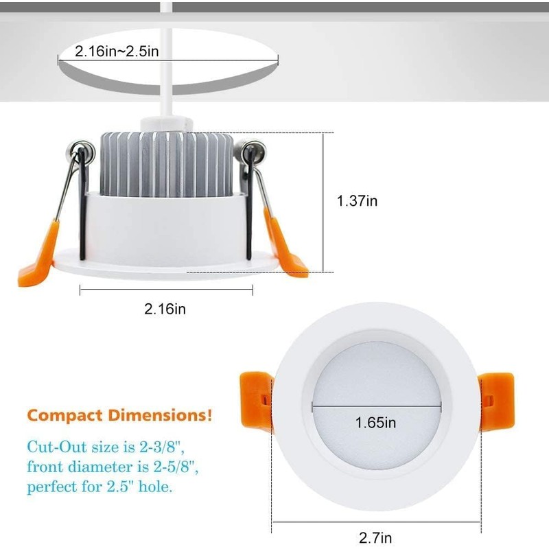 2 Inch LED Downlight, Recessed Lighting Dimmable Ceiling Light, 3W,