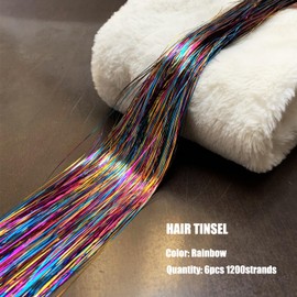 Rainbow Hair Tinsel Kit with Tool 6pcs 1200 Strands Glitter Tinsel Hair Extensions Heat Resistant Sparkling Shiny Fairy Hair Accessories for Women Girls Kids 47Inch