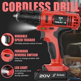 Tegatok Cordless Drill Set, 3/8 Drill Handheld Screwdriver Kit with 18+1 Torque Setting, 20V Electric Drills Tools Bit, LED Electric Power Drills with Battery and Charger, Red
