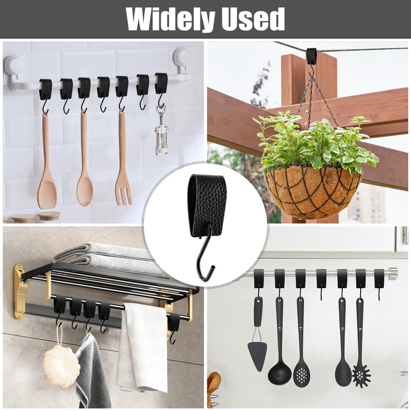 FORETOGO 8 Pcs Leather S Hooks,Multifunctional S-Hook with Leather Loop,Black
