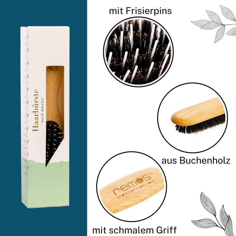 Remos Beech Wood Hair Brush with 100% Boar Bristles and