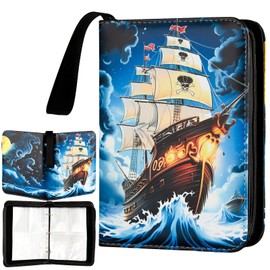 4 Pocket Pirate Ship Trading Card Binder 400 Pockets Trading Cards Collection Album Portable Waterproof Card Storage Bag with Zipper Hand Carrying Rope for Men Boys Teens Anime Game Sports Cards