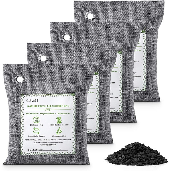 CLEVAST Bamboo Charcoal Air Purifying Bags (4×200g), Removes Odors and Moisture, Nature Fresh Air Purifier Bags, Odor Eliminator for Home, Car, Pets, Bathroom, Basement
