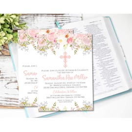 Girls Pink Floral Invitations For Baptism, Christening, First Communion, Confirmation Or Baby Dedication