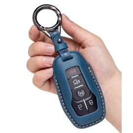 YONUFI for Ford and for Lincoln Key Fob Cover Leather Car Key Chain Case Holder Compatible for Explorer Mustang Edge Fusion F150 MKZ MKC -Blue