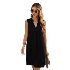 ANFTFH Women's Solid V Neck Summer Dresses 2024 Trendy Shirt Dresses Black M
