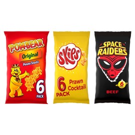 Pom-Bear Original (6 x13g Bags), Skips Prawn Cocktail (6 x13g Bags), Space Raiders Beef (6 x 13g) - 18 individual Packs Total. Low Calorie