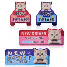 BOXOB 4pcs New Driver Cat Magnets Stickers, Funny Newbie Magnetic Sticker Cartoon Reflective Student Driver Decal Cute Caution Nervous Safety Signs Accessories for Car Bumper (Bow Tie Cat Style)