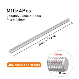 SCOOYUCK Pack of 4 Fully Threaded Rod M10 × 200 mm 304 Stainless Steel DIN 975